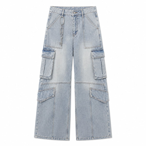 Vintage Wash Multi-Pocket Cargo Straight Leg Denim Jeans