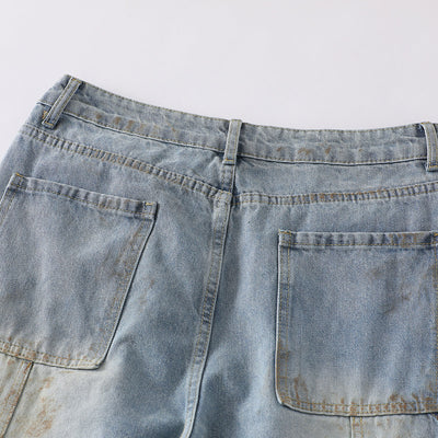 Vintage Washed Utility Cargo Wide-Leg Jeans