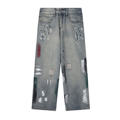 Paint Splatter Distressed Wide Leg Denim