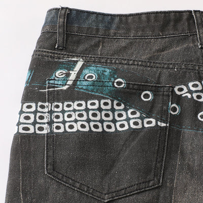 Vintage Washed Black Wide-Leg Printed Jeans