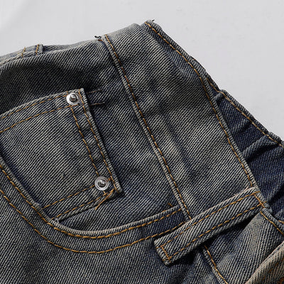 Dog Embroidery Design Vintage Washed Denim Shorts