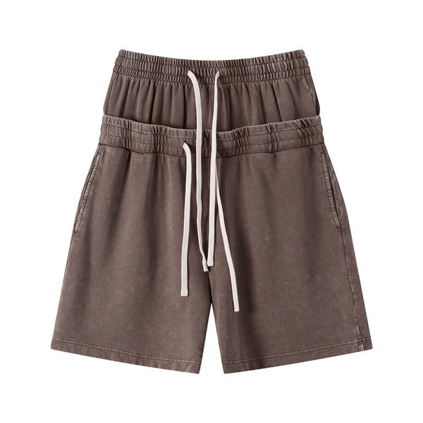 Double Waistband Snow Washed Distressed Shorts