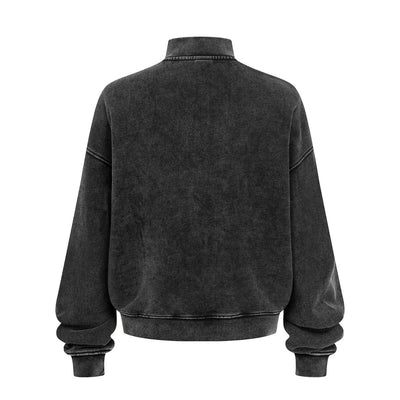 Vintage Zip-Up Ribbed Stand Collar Sweatshirt