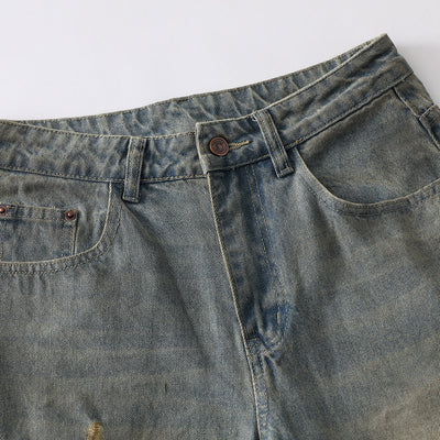 Panel Stitching Barrel-Leg Ripped Jeans