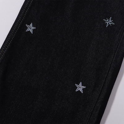 Celestial Star Embroidery Faded Wide Leg Jeans