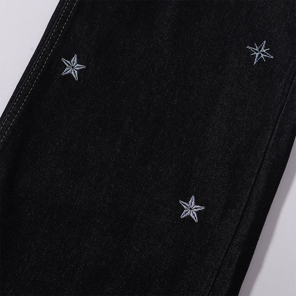 Celestial Star Embroidery Faded Wide Leg Jeans