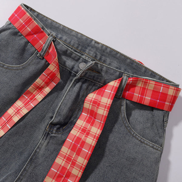 Plaid Trim Star Patched Wide Leg Denim Jeans