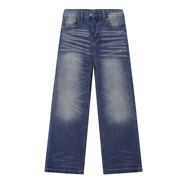 Vintage Wash Whisker Faded Straight Leg Jeans