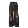 Acid Wash Destroyed Wide-Leg Jeans