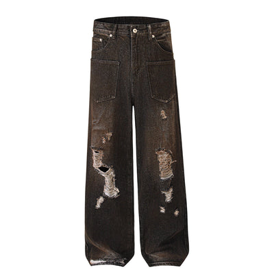 Acid Wash Destroyed Wide-Leg Jeans