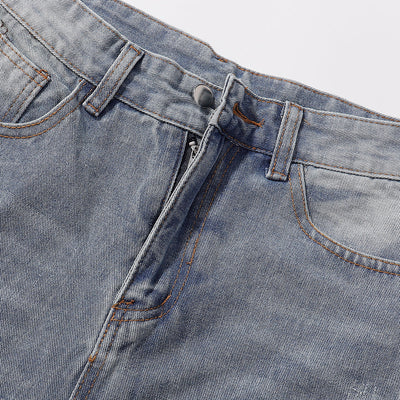 High-Waist Washed Denim Bermuda Shorts