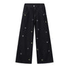 Celestial Star Embroidery Faded Wide Leg Jeans