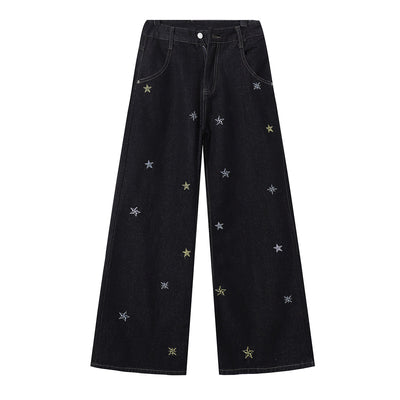 Celestial Star Embroidery Faded Wide Leg Jeans