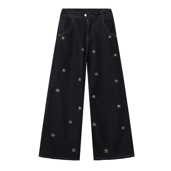 Celestial Star Embroidery Faded Wide Leg Jeans