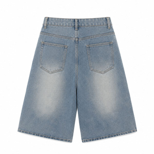 Star Print Washed Denim Capri Shorts