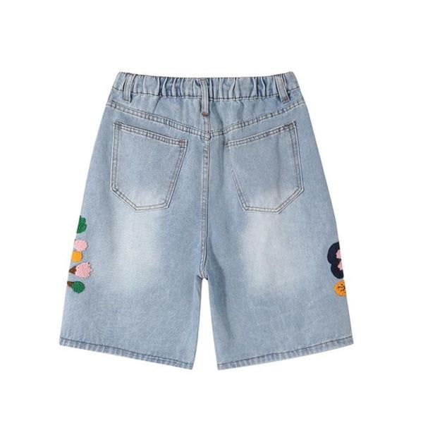 Floral Embroidery Washed Denim Shorts