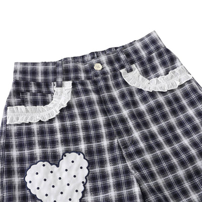 Washed Plaid Graphic Patchwork Bow Detail Relaxed Wide-Leg Capri Denim Pants