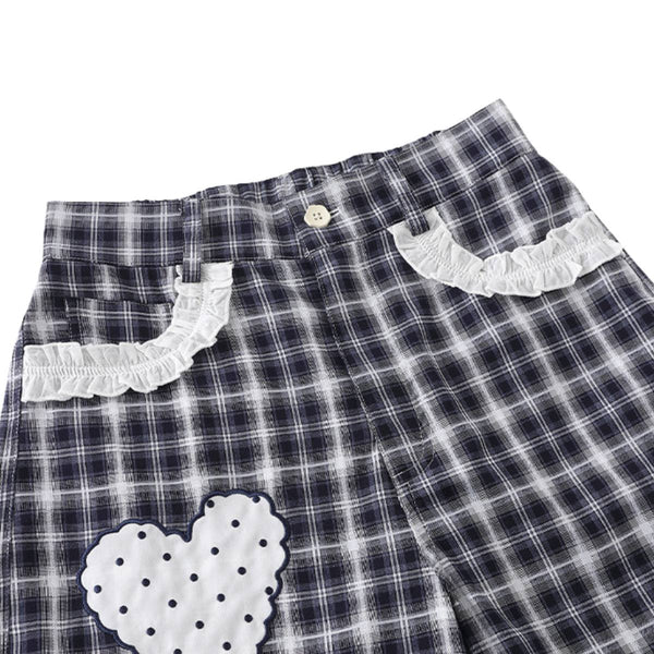 Washed Plaid Graphic Patchwork Bow Detail Relaxed Wide-Leg Capri Denim Pants