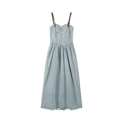 Sweetheart Collar Strappy Denim Midi Dress