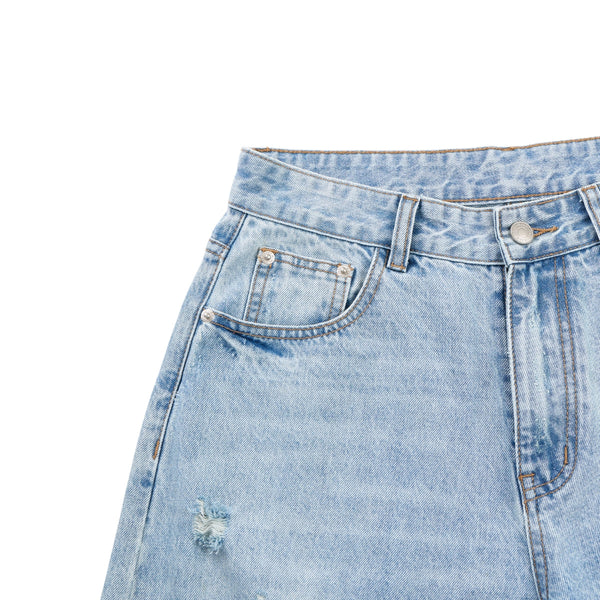 Wash Destroyed Pleated Baggy Jeans