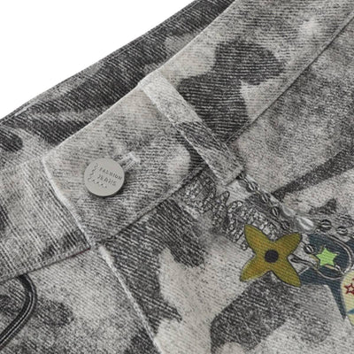 Washed Camo Graffiti Bear Patch Relaxed Wide-Leg Utility Bermuda Shorts