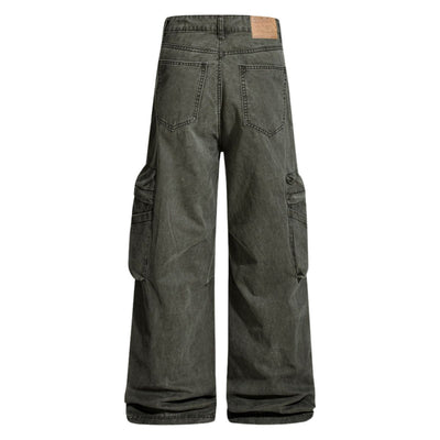 Men's Distressed Washed Denim Cargo Pants Punk Street Loose Zipper