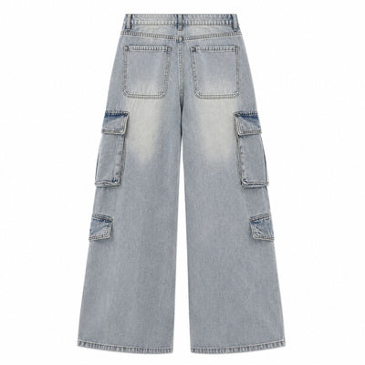 Vintage Wash Multi-Pocket Cargo Straight Leg Denim Jeans