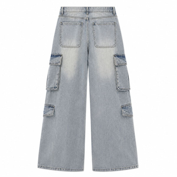Vintage Wash Multi-Pocket Cargo Straight Leg Denim Jeans