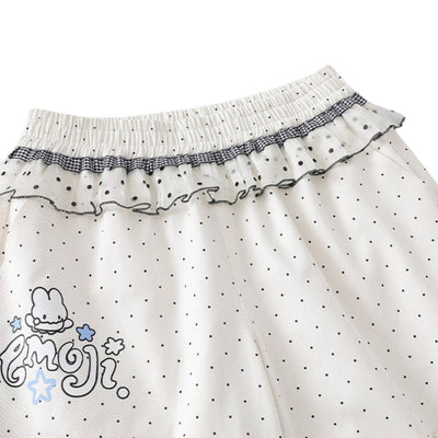 Y2K Polka Dot Graphic Ruffle Waist Baggy Wide-Leg Bermuda Denim Shorts