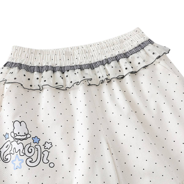 Y2K Polka Dot Graphic Ruffle Waist Baggy Wide-Leg Bermuda Denim Shorts