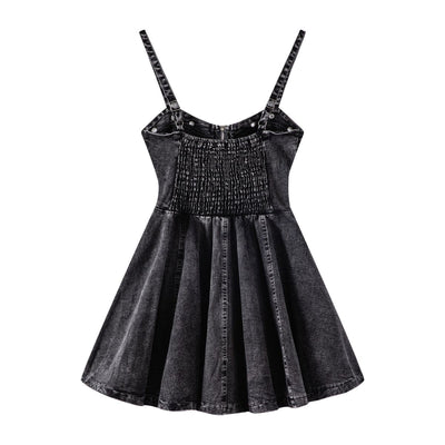 Front-Zip Smocked Denim Mini Dress