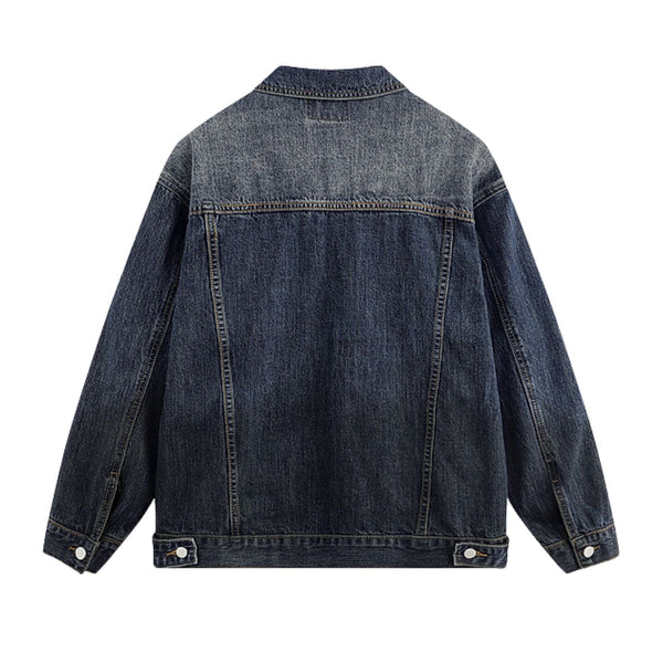 Unisex Retro Street style Distressed Washed Blue&yellow Mud-dyed Denim Jacket