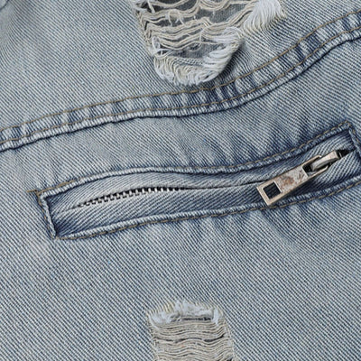 Unisex Retro Distressed Ripped Washed Denim Jacket with Hood