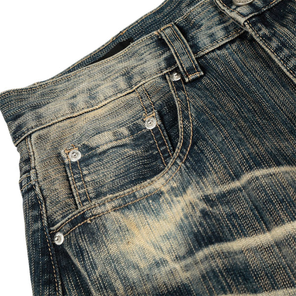 Men's Washed Faded Wide Leg Curved Denim Pants Distressed Punk