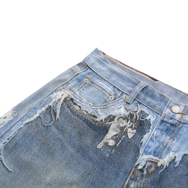 Vintage Washed Distressed Denim Bermuda Shorts with Frayed Panels