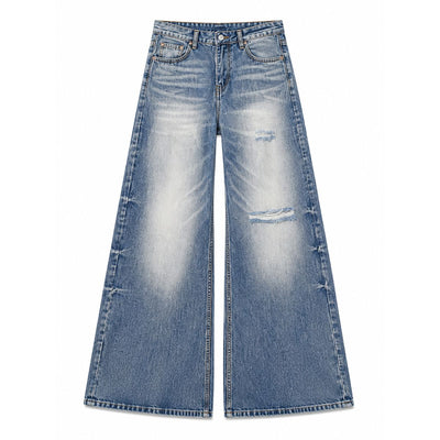 Washed Gradient Distressed Curved Leg Wide Denim Jeans