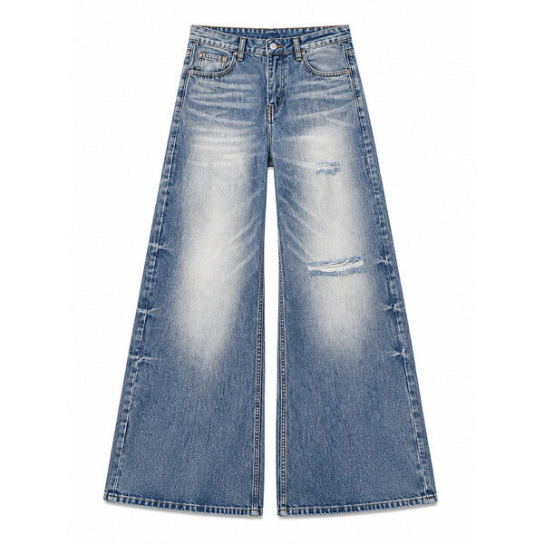 Washed Gradient Distressed Curved Leg Wide Denim Jeans