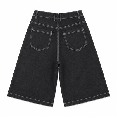 Button Fly Raw Black Denim Shorts