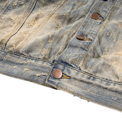 Distressed Washed Slub Denim Jacket with Dirty Dye