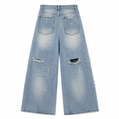 Heavy Distressed Curved Wide Leg Denim Jeans