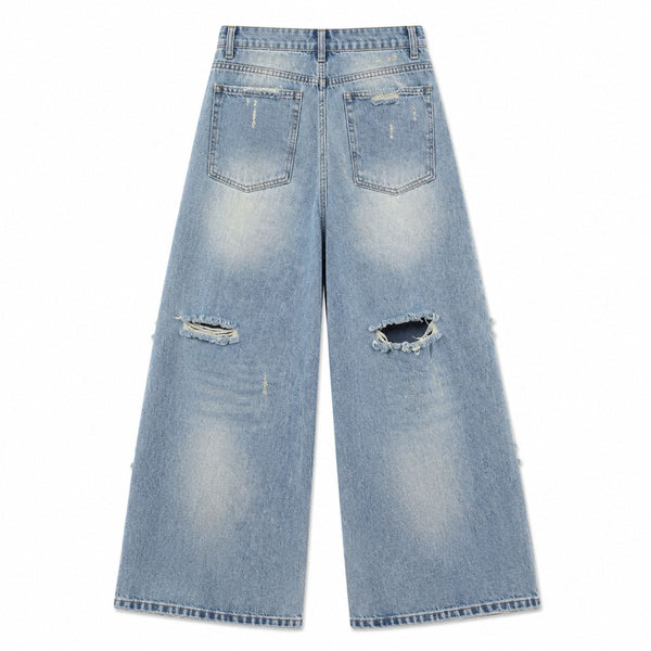 Heavy Distressed Curved Wide Leg Denim Jeans