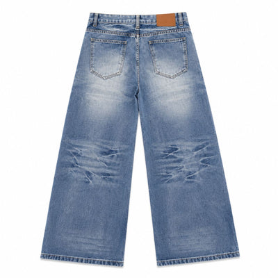 Bleached Rip Curved Wide Leg Denim Jeans