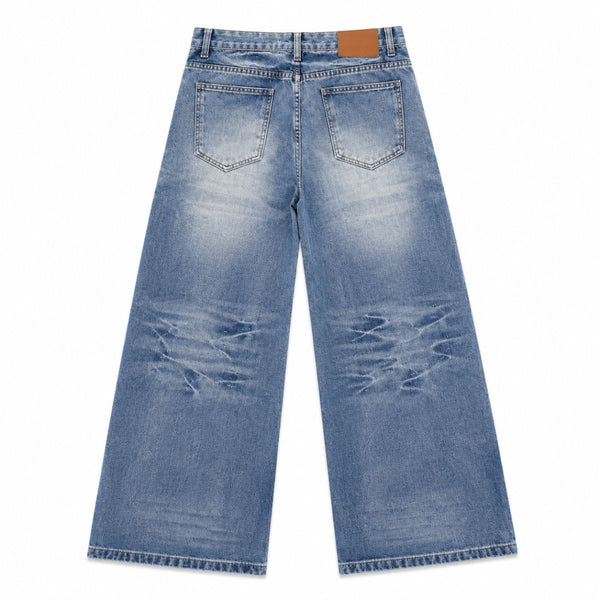 Bleached Rip Curved Wide Leg Denim Jeans