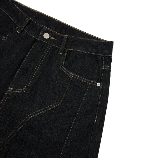 Raw Yellow-Stitch Wide-Leg Curved Baggy Denim Pants