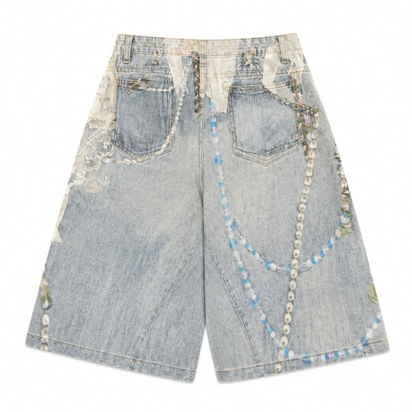 Vintage Graphic Print Relaxed Fit Denim Capri Shorts