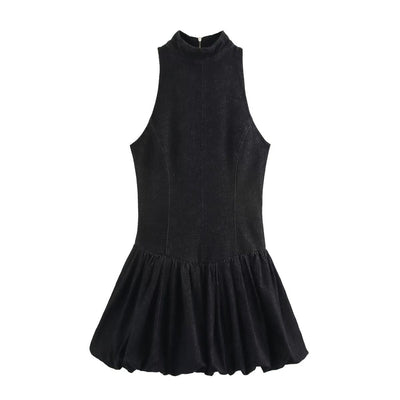 Black Sleeveless High-Neck Ruffled Mini Dress