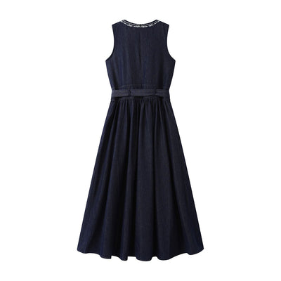 Embroidery Sleeveless Belted Denim Midi Dress