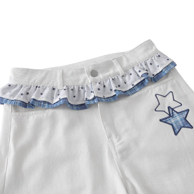 Washed Star Print Ruffle Waist Plaid Relaxed Bermuda Shorts