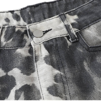 Washed Ink Dye Cow Print Cargo Pocket Relaxed Wide-Leg Bermuda Denim Shorts