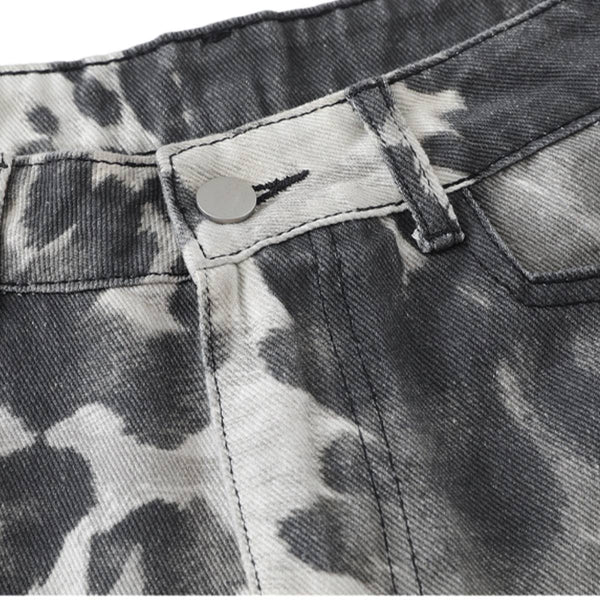 Washed Ink Dye Cow Print Cargo Pocket Relaxed Wide-Leg Bermuda Denim Shorts